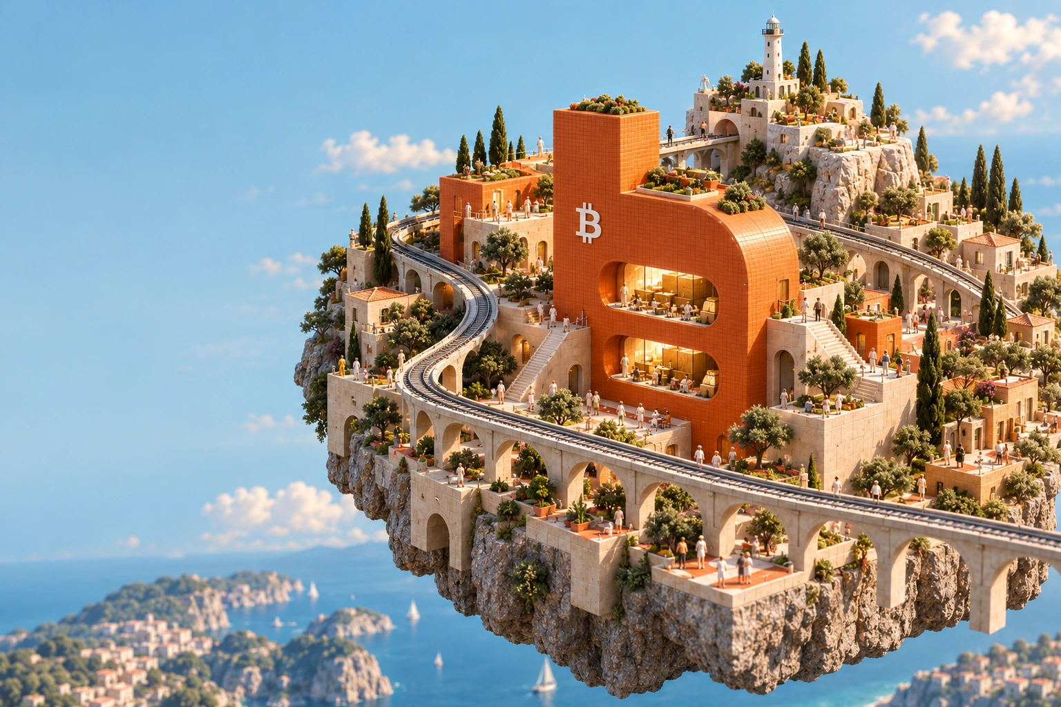 A sunlit miniature town of orange and ivory buildings, gardens and railway bridges, built around a Bitcoin-shaped reserve
